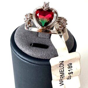 WATERMELON TOURMALINE HEART Silver Ring Size 8 NWT
